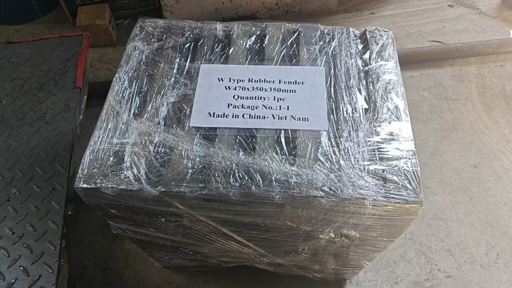 Custom W rubber fender prepared for shipment to a tugboat project in Vietnam