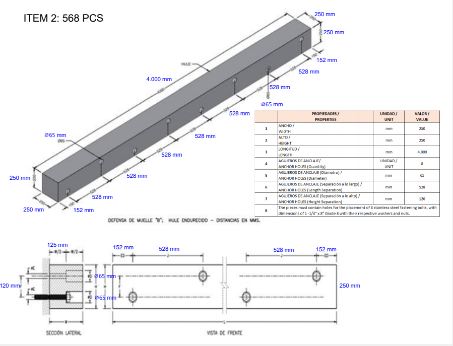 250 × 250 × 4000L mm square rubber fender