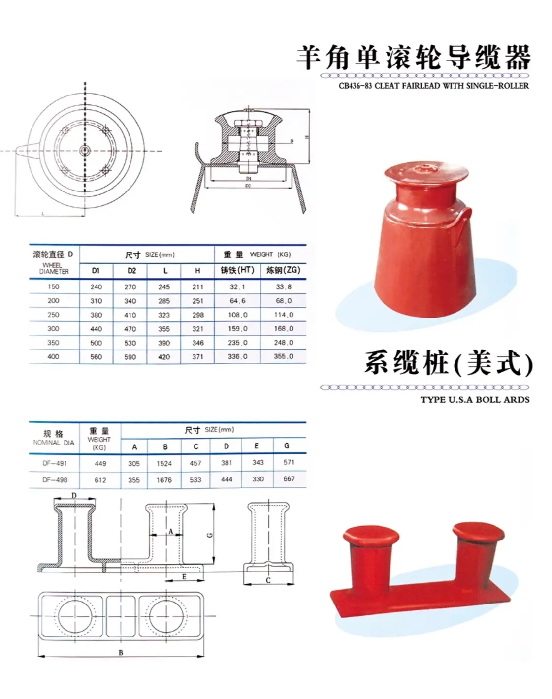 Cleat fairlead with single roller and standard size reference for marine mooring