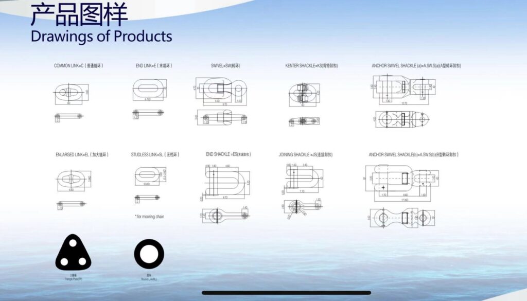 Technical drawings of common anchor chain components and connection accessories including common link, enlarged link, end link, studless link, swivel, Kenter shackle, joining shackle, anchor swivel shackle, triangle plate and round link