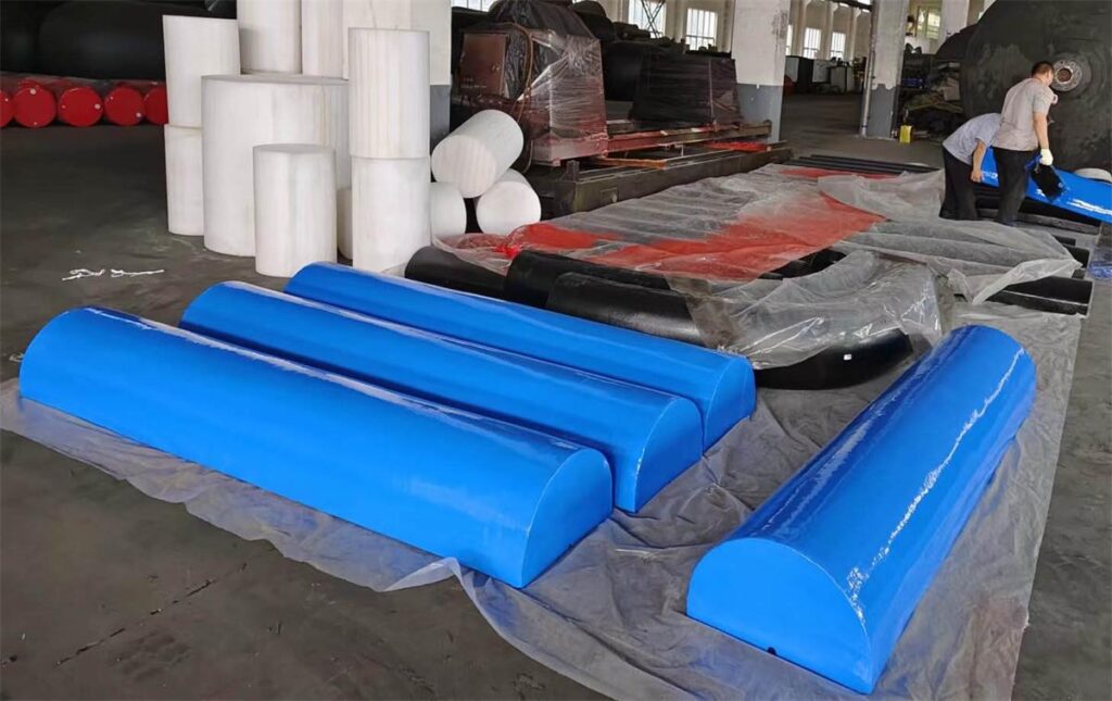 Custom blue EVA boat fenders with SPUA coating for vessel protection