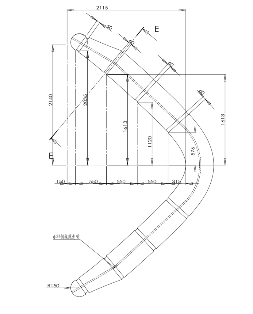 Technical drawing showing inner pipe layout for steel wire passing in a custom curved EVA fender
