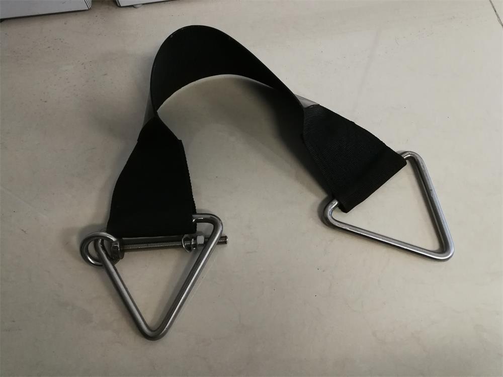 Black mounting strap with triangular metal rings for EVA boat fender fixing