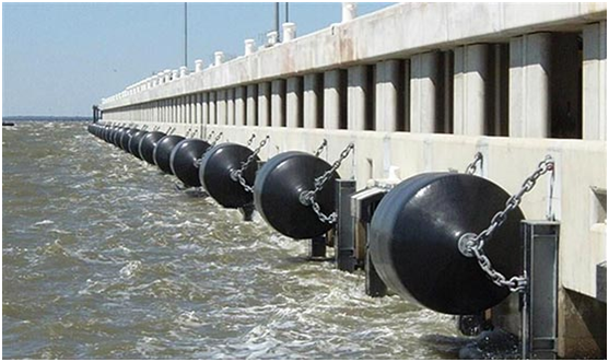 Foam filled fenders installed on dock for berth and marine protection