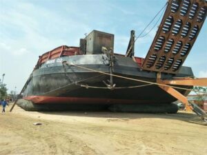 Marine rubber airbags supporting vessel hull at ship launching site