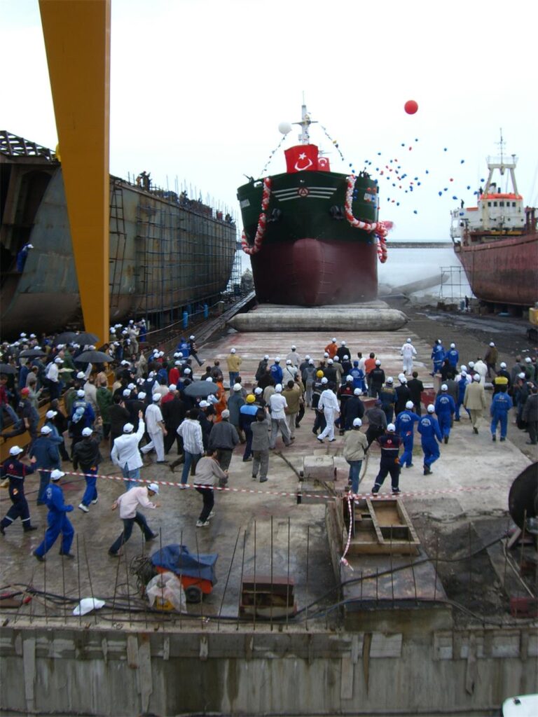Marine airbags used for ship launching in a shipyard application