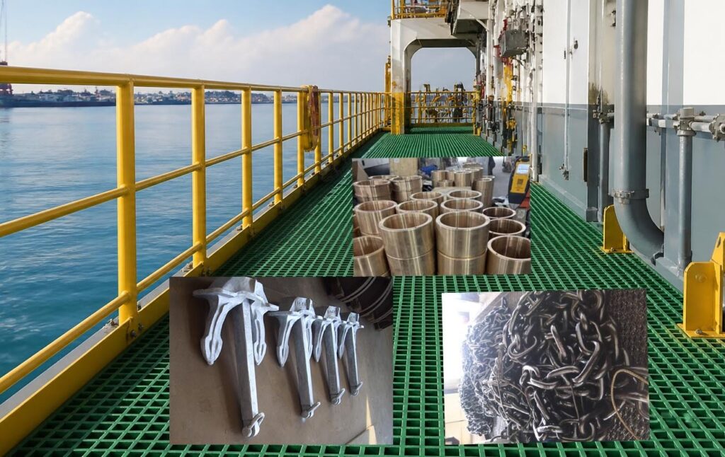 Marine deck and mooring equipment including FRP grating, anchor chain, and marine hardware
