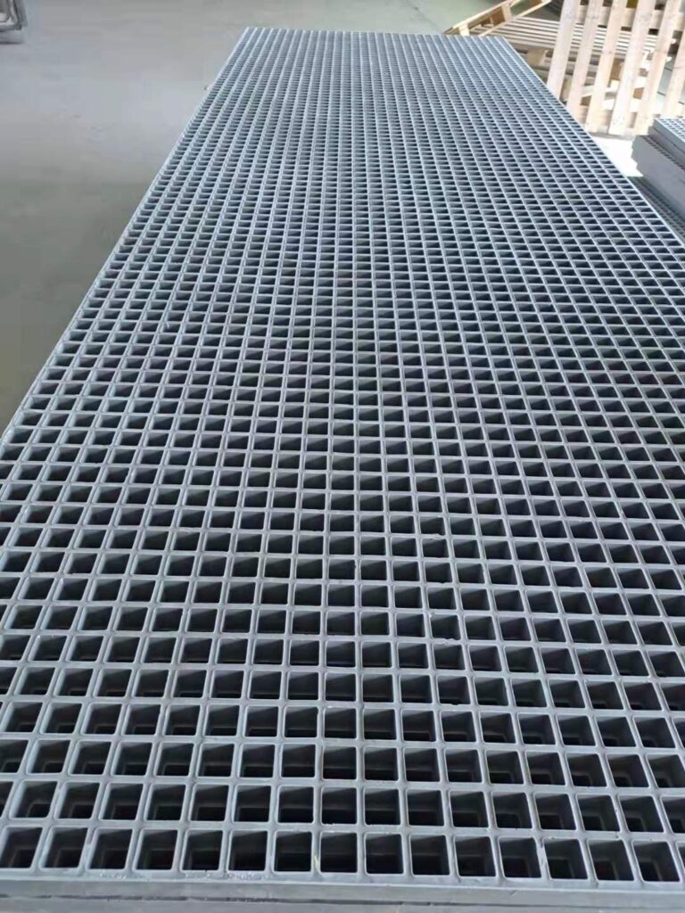 Gray FRP deck and platform grating panel for marine walkways, docks and offshore platforms