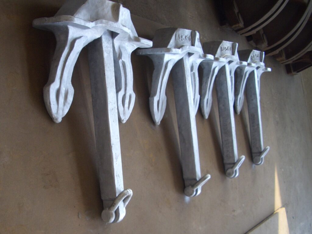 Marine mooring anchors and deck hardware in multiple sizes for vessel anchoring systems