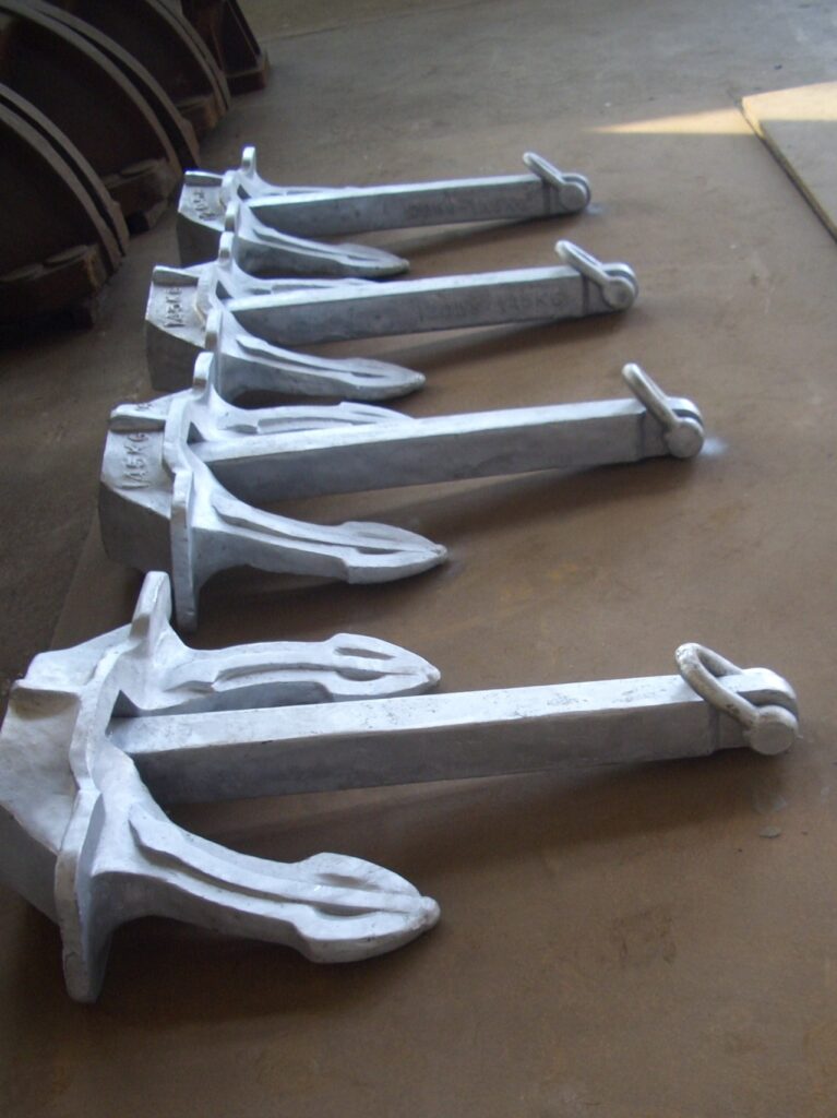 Marine mooring anchors and deck hardware in multiple sizes for vessel anchoring systems