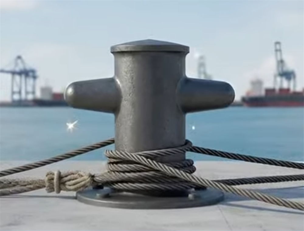 Mooring bollard with ropes for dock and hardware protection in port berthing applications