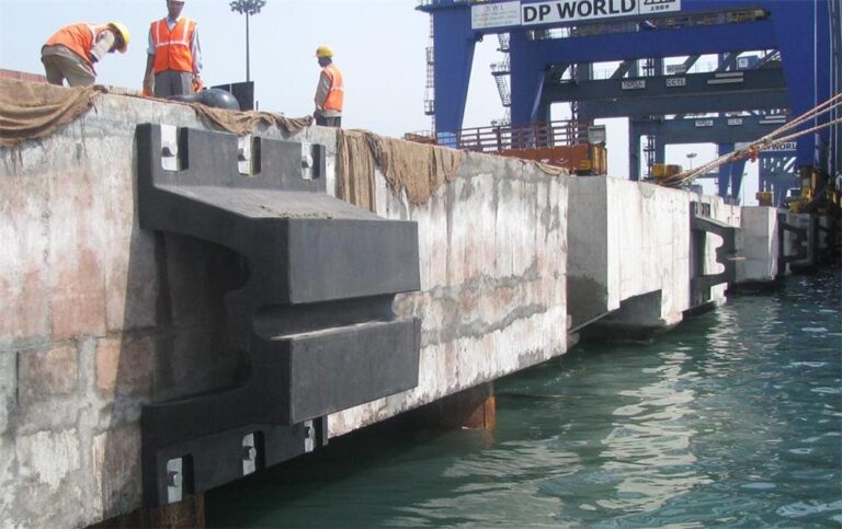 rubber fenders installed on a port berth quay wall for dock protection