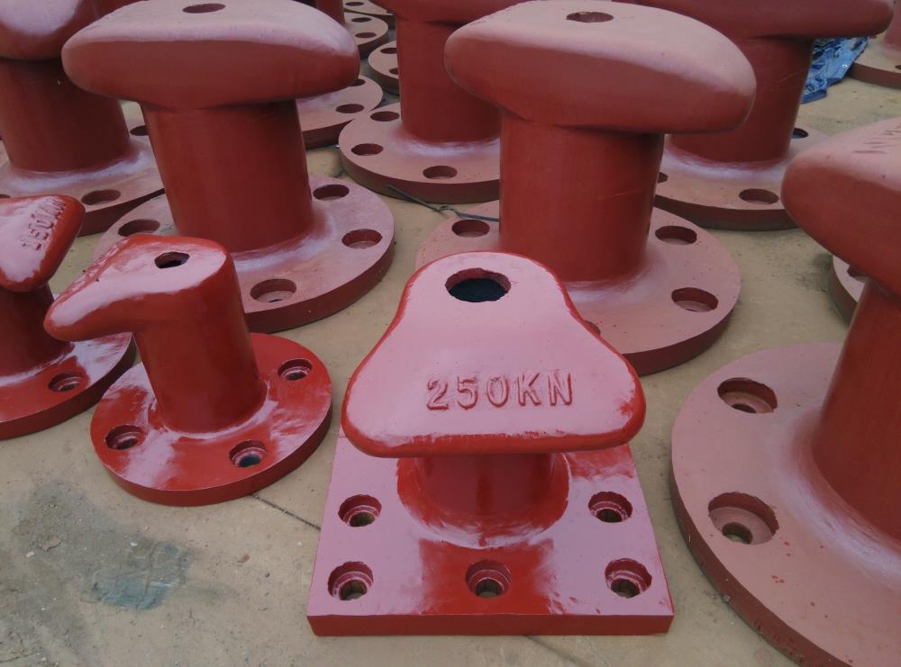 Red marine mooring bollards with custom load rating for dock hardware