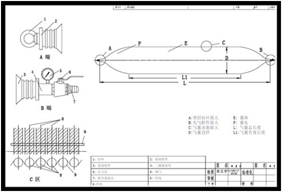 Structure drawing of marine ship launch airbag with airbag mouths, body section, cone ends and reinforced layers