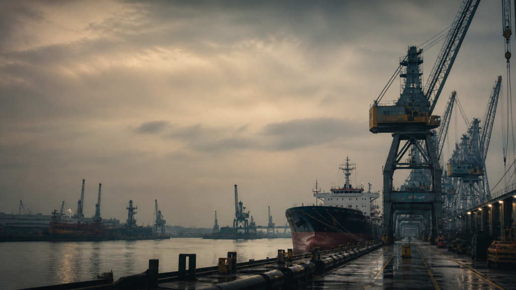 Shipyard and repair yard with marine fenders, cranes and vessel maintenance area