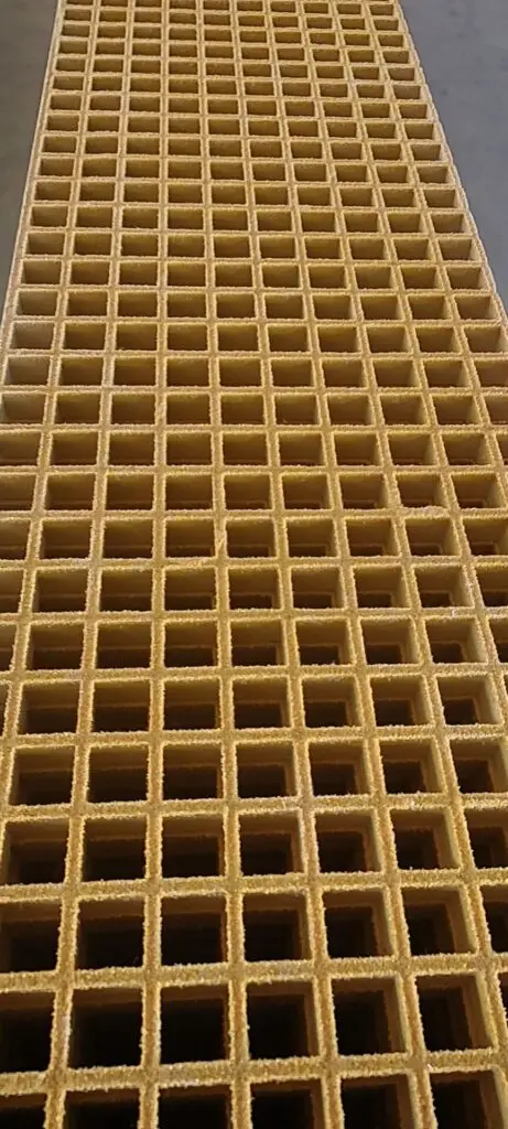 Yellow GRP FRP grating panel with anti-slip surface and open mesh structure