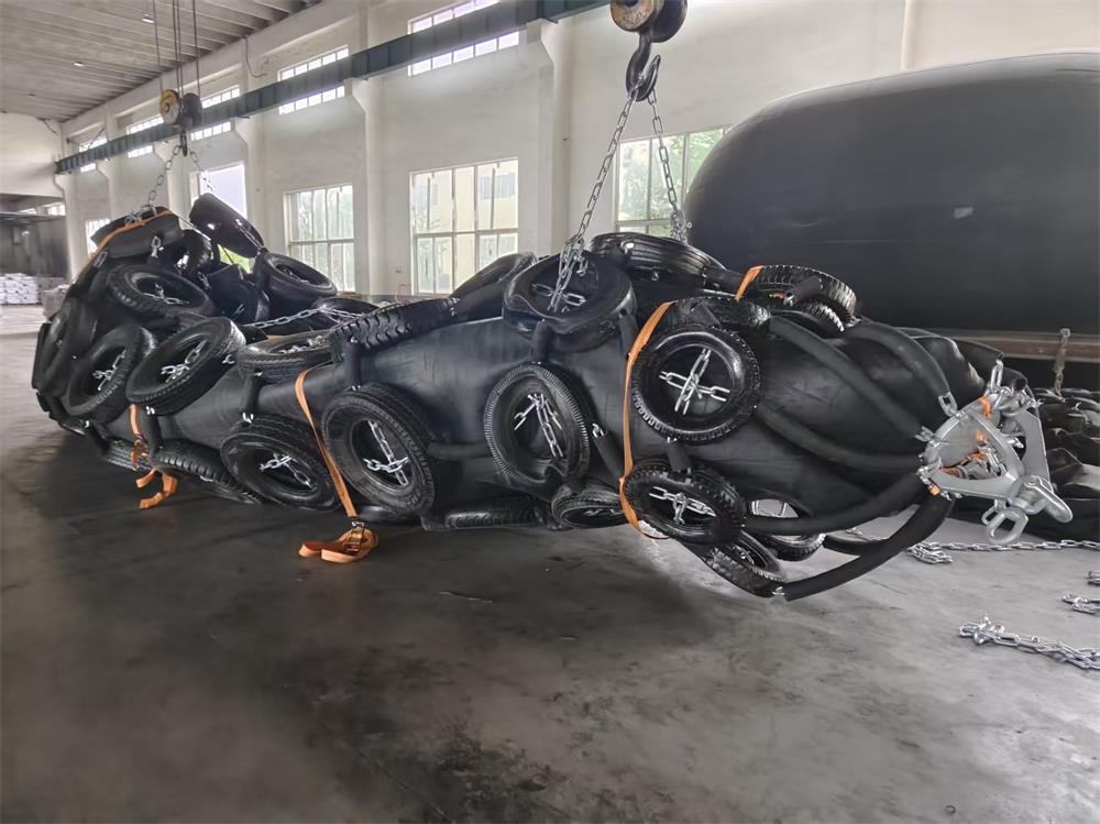 Deflated pneumatic rubber fenders before container loading