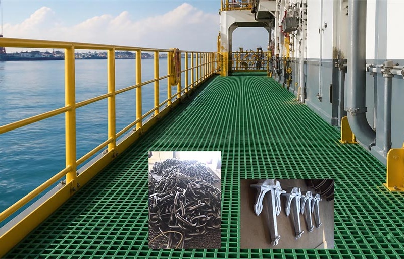 FRP deck grating, anchor chain and mooring anchors for marine deck and mooring equipment