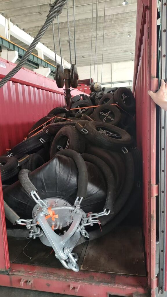 Tire chain net pneumatic rubber fender prepared for container loading