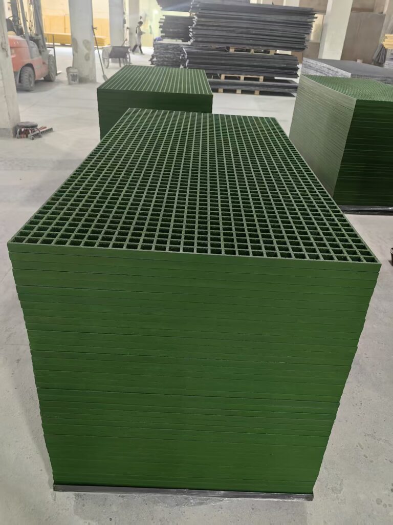 Green grit-top FRP grating panels for fishing and shrimp boat decks in Argentina